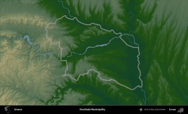 Orestiada Belediyesi. Yunanistan 'ın idari bölgesi renkli bir yükseklik haritasında özetlendi