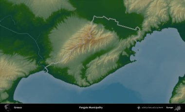 Pangaio Belediyesi. Yunanistan 'ın idari bölgesi renkli bir yükseklik haritasında özetlendi