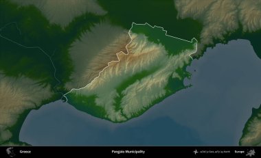 Pangaio Belediyesi. Yunanistan 'ın idari alanı koyu renkli bir yükseklik haritasına vurgulandı ve özetlendi