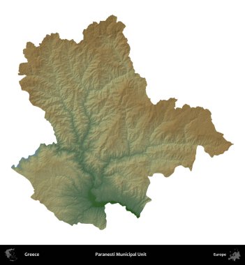 Paranesti Belediye Birimi. Yunanistan 'ın idari bölgesi renkli bir yükseklik haritasında beyaza izole edildi