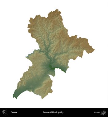 Paranesti Belediyesi. Yunanistan 'ın idari bölgesi renkli bir yükseklik haritasında beyaza izole edildi