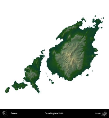 Paros Bölgesel Birimi. Yunanistan 'ın idari bölgesi renkli bir yükseklik haritasında beyaza izole edildi