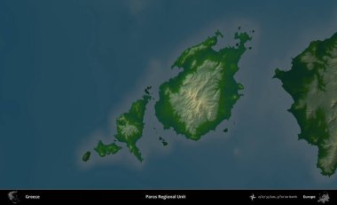 Paros Bölgesel Birimi. Yunanistan 'ın idari alanı koyu renkli bir yükseklik haritasına vurgulandı ve özetlendi
