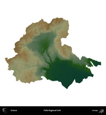 Pella Bölgesel Birimi. Yunanistan 'ın idari bölgesi renkli bir yükseklik haritasında beyaza izole edildi