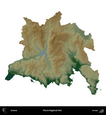 Focis Bölgesel Birimi. Yunanistan 'ın idari bölgesi renkli bir yükseklik haritasında beyaza izole edildi