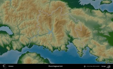 Focis Bölgesel Birimi. Yunanistan 'ın idari bölgesi renkli bir yükseklik haritasında özetlendi