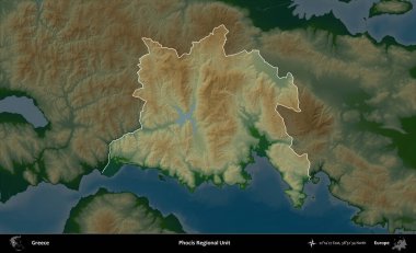 Focis Bölgesel Birimi. Yunanistan 'ın idari alanı koyu renkli bir yükseklik haritasına vurgulandı ve özetlendi