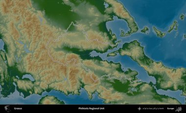 Phthiotis Bölgesel Birimi. Yunanistan 'ın idari bölgesi renkli bir yükseklik haritasında özetlendi