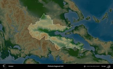 Phthiotis Bölgesel Birimi. Yunanistan 'ın idari alanı koyu renkli bir yükseklik haritasına vurgulandı ve özetlendi