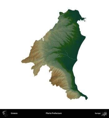 Pieria Bölgesi. Yunanistan 'ın idari bölgesi renkli bir yükseklik haritasında beyaza izole edildi