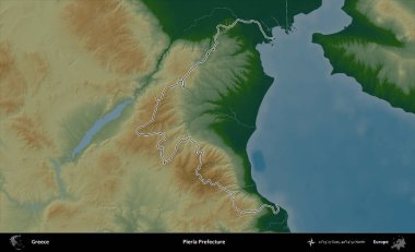 Pieria Bölgesi. Yunanistan 'ın idari bölgesi renkli bir yükseklik haritasında özetlendi
