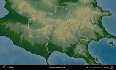 Poligyros Belediyesi. Yunanistan 'ın idari bölgesi renkli bir yükseklik haritasında özetlendi