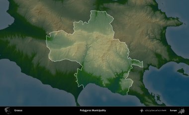 Poligyros Belediyesi. Yunanistan 'ın idari alanı koyu renkli bir yükseklik haritasına vurgulandı ve özetlendi