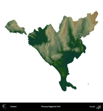 Preveza Bölgesel Birimi. Yunanistan 'ın idari bölgesi renkli bir yükseklik haritasında beyaza izole edildi