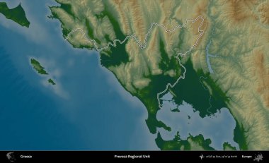 Preveza Bölgesel Birimi. Yunanistan 'ın idari bölgesi renkli bir yükseklik haritasında özetlendi