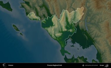 Preveza Bölgesel Birimi. Yunanistan 'ın idari alanı koyu renkli bir yükseklik haritasına vurgulandı ve özetlendi