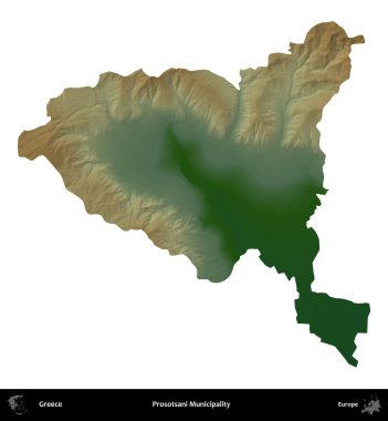 Prosotsani Belediyesi. Yunanistan 'ın idari bölgesi renkli bir yükseklik haritasında beyaza izole edildi