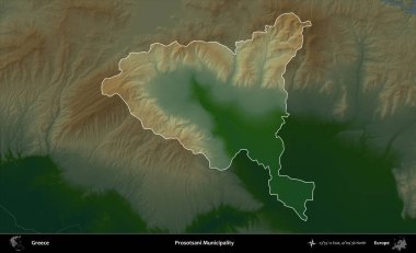 Prosotsani Belediyesi. Yunanistan 'ın idari alanı koyu renkli bir yükseklik haritasına vurgulandı ve özetlendi