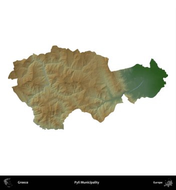 Pyli Belediyesi. Yunanistan 'ın idari bölgesi renkli bir yükseklik haritasında beyaza izole edildi
