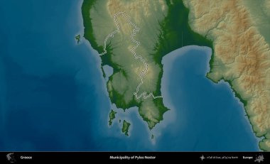 Pylos-Nestor Belediyesi. Yunanistan 'ın idari bölgesi renkli bir yükseklik haritasında özetlendi