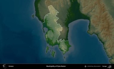 Pylos-Nestor Belediyesi. Yunanistan 'ın idari alanı koyu renkli bir yükseklik haritasına vurgulandı ve özetlendi