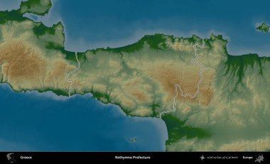 Rethymno Bölgesi. Yunanistan 'ın idari bölgesi renkli bir yükseklik haritasında özetlendi
