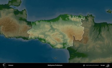Rethymno Bölgesi. Yunanistan 'ın idari alanı koyu renkli bir yükseklik haritasına vurgulandı ve özetlendi