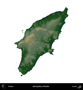 Rodos Belediyesi. Yunanistan 'ın idari bölgesi renkli bir yükseklik haritasında beyaza izole edildi