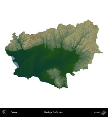 Rodop Bölgesi. Yunanistan 'ın idari bölgesi renkli bir yükseklik haritasında beyaza izole edildi