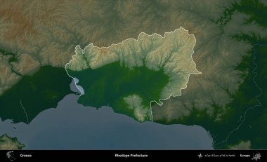 Rodop Bölgesi. Yunanistan 'ın idari alanı koyu renkli bir yükseklik haritasına vurgulandı ve özetlendi