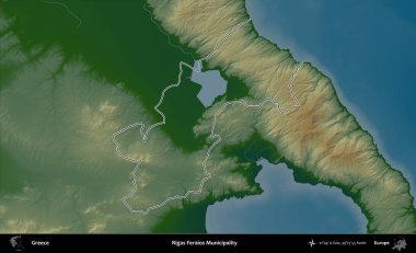 Rigas Feraios Belediyesi. Yunanistan 'ın idari bölgesi renkli bir yükseklik haritasında özetlendi