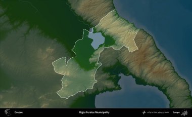 Rigas Feraios Belediyesi. Yunanistan 'ın idari alanı koyu renkli bir yükseklik haritasına vurgulandı ve özetlendi