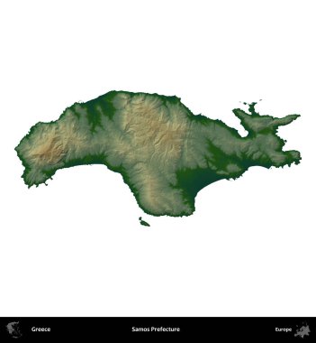 Samos Bölgesi. Yunanistan 'ın idari bölgesi renkli bir yükseklik haritasında beyaza izole edildi