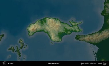 Samos Bölgesi. Yunanistan 'ın idari alanı koyu renkli bir yükseklik haritasına vurgulandı ve özetlendi