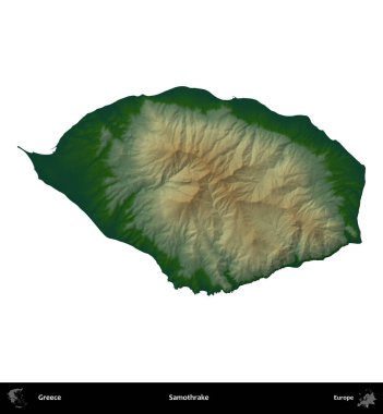 Samothrake. Yunanistan 'ın idari bölgesi renkli bir yükseklik haritasında beyaza izole edildi