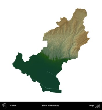Serres Belediyesi. Yunanistan 'ın idari bölgesi renkli bir yükseklik haritasında beyaza izole edildi