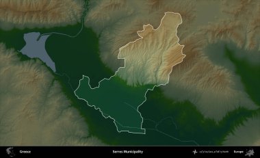 Serres Belediyesi. Yunanistan 'ın idari alanı koyu renkli bir yükseklik haritasına vurgulandı ve özetlendi