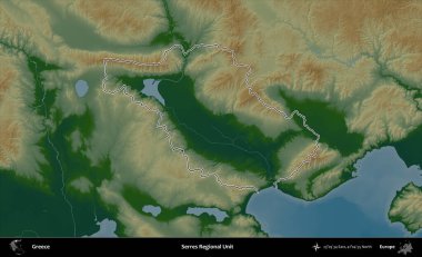 Bölgesel Serres Birimi. Yunanistan 'ın idari bölgesi renkli bir yükseklik haritasında özetlendi