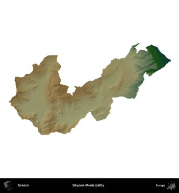 Sikyona Belediyesi. Yunanistan 'ın idari bölgesi renkli bir yükseklik haritasında beyaza izole edildi
