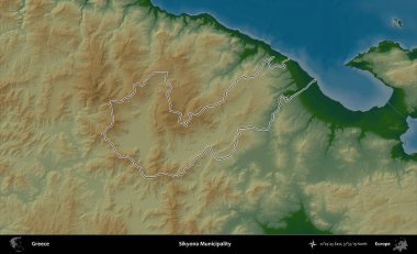 Sikyona Belediyesi. Yunanistan 'ın idari bölgesi renkli bir yükseklik haritasında özetlendi