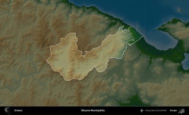 Sikyona Belediyesi. Yunanistan 'ın idari alanı koyu renkli bir yükseklik haritasına vurgulandı ve özetlendi
