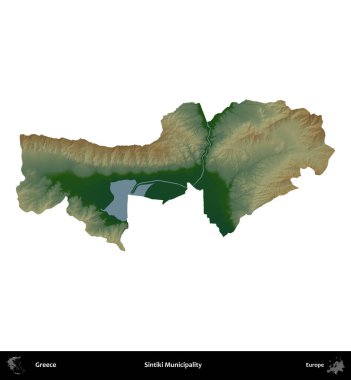 Sintiki Belediyesi. Yunanistan 'ın idari bölgesi renkli bir yükseklik haritasında beyaza izole edildi