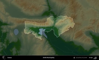 Sintiki Belediyesi. Yunanistan 'ın idari alanı koyu renkli bir yükseklik haritasına vurgulandı ve özetlendi