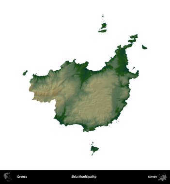 Sitia Belediyesi. Yunanistan 'ın idari bölgesi renkli bir yükseklik haritasında beyaza izole edildi