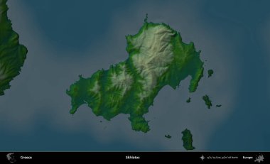 Skhiatos. Yunanistan 'ın idari alanı koyu renkli bir yükseklik haritasına vurgulandı ve özetlendi