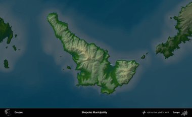 O 'elos Belediyesi. Yunanistan 'ın idari alanı koyu renkli bir yükseklik haritasına vurgulandı ve özetlendi
