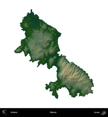 Skuros. Yunanistan 'ın idari bölgesi renkli bir yükseklik haritasında beyaza izole edildi