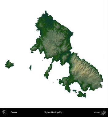 Skyros Belediyesi. Yunanistan 'ın idari bölgesi renkli bir yükseklik haritasında beyaza izole edildi