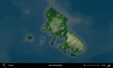 Skyros Belediyesi. Yunanistan 'ın idari alanı koyu renkli bir yükseklik haritasına vurgulandı ve özetlendi