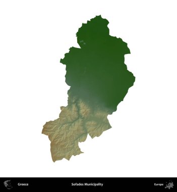 Sofades Belediyesi. Yunanistan 'ın idari bölgesi renkli bir yükseklik haritasında beyaza izole edildi